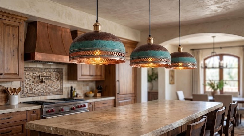 Handmade Moroccan Brass Pendant Light – Verdigris Dome Ceiling Lamp with Pierced Diamond Lattice, Antique Copper Trim & Scalloped Edge