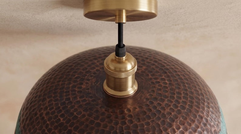 Handmade Moroccan Brass Pendant Light – Verdigris Dome Ceiling Lamp with Pierced Diamond Lattice, Antique Copper Trim & Scalloped Edge