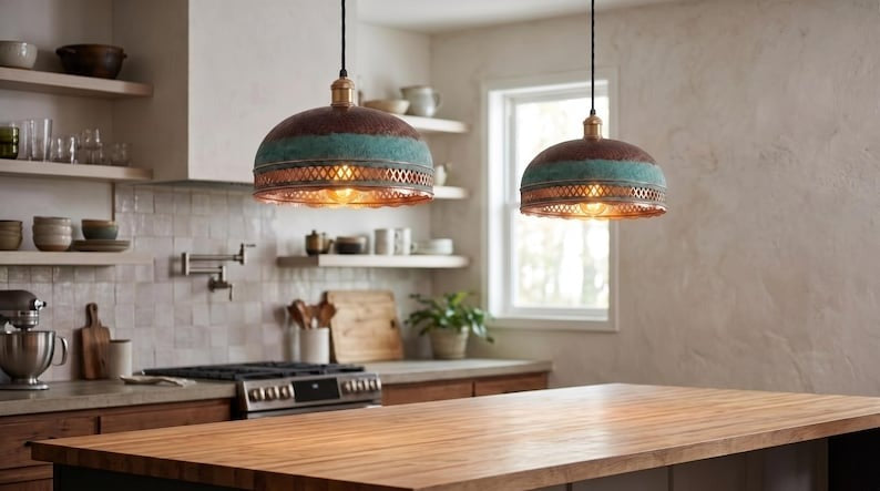 Handmade Moroccan Brass Pendant Light – Verdigris Dome Ceiling Lamp with Pierced Diamond Lattice, Antique Copper Trim & Scalloped Edge