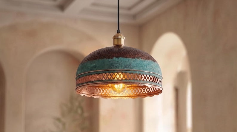 Handmade Moroccan Brass Pendant Light – Verdigris Dome Ceiling Lamp with Pierced Diamond Lattice, Antique Copper Trim & Scalloped Edge