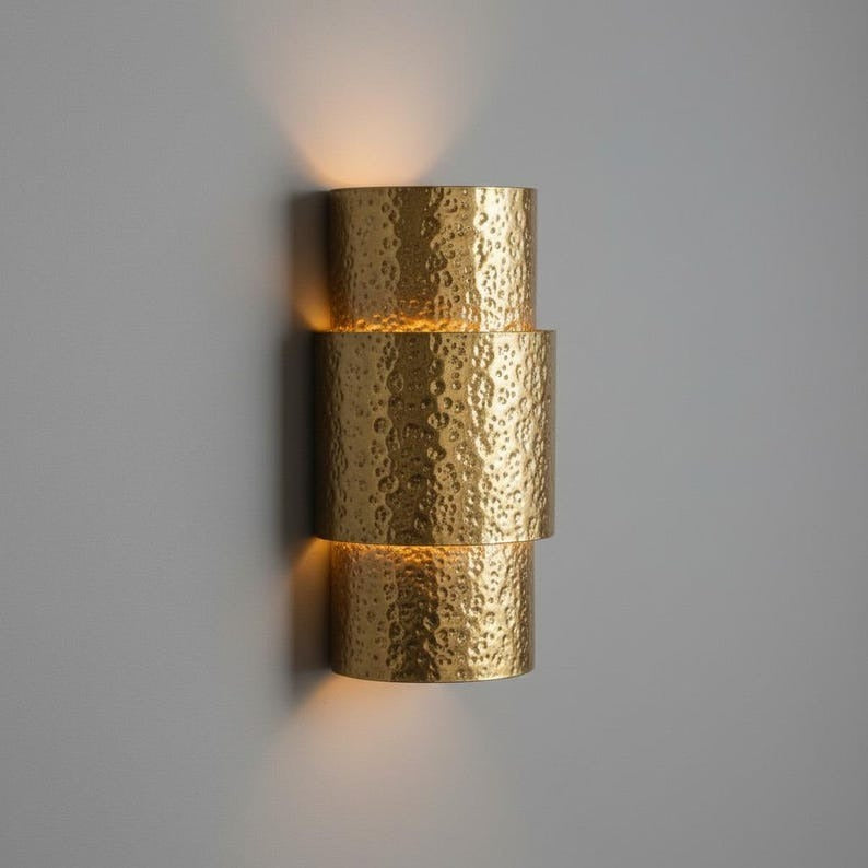 Handmade Moroccan Brass Wall Sconce – Hammered Gold Brass Tiered Wall Light with Up and Down Glow, Modern Art Deco Lamp for Bedroom, Hallway, Entryway & Living Room