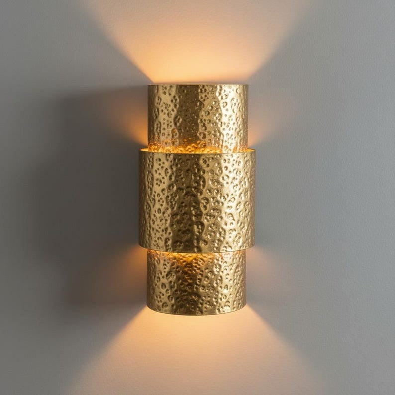 Handmade Moroccan Brass Wall Sconce – Hammered Gold Brass Tiered Wall Light with Up and Down Glow, Modern Art Deco Lamp for Bedroom, Hallway, Entryway & Living Room