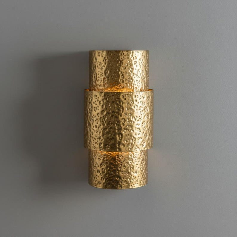 Handmade Moroccan Brass Wall Sconce – Hammered Gold Brass Tiered Wall Light with Up and Down Glow, Modern Art Deco Lamp for Bedroom, Hallway, Entryway & Living Room