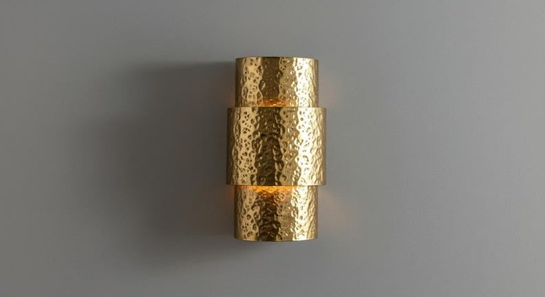 Handmade Moroccan Brass Wall Sconce – Hammered Gold Brass Tiered Wall Light with Up and Down Glow, Modern Art Deco Lamp for Bedroom, Hallway, Entryway & Living Room