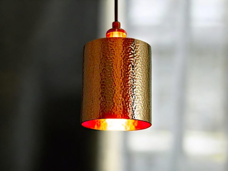 Handmade Moroccan Brass Cylinder Pendant Light – Hammered Gold Ceiling Lamp with Warm Copper Interior and Modern Artisan Design