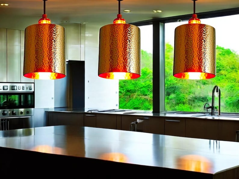 Handmade Moroccan Brass Cylinder Pendant Light – Hammered Gold Ceiling Lamp with Warm Copper Interior and Modern Artisan Design