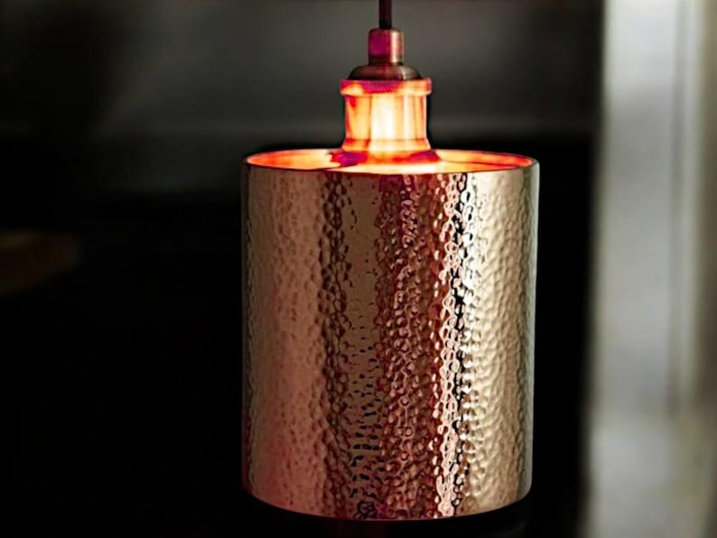 Handmade Moroccan Brass Cylinder Pendant Light – Hammered Gold Ceiling Lamp with Warm Copper Interior and Modern Artisan Design