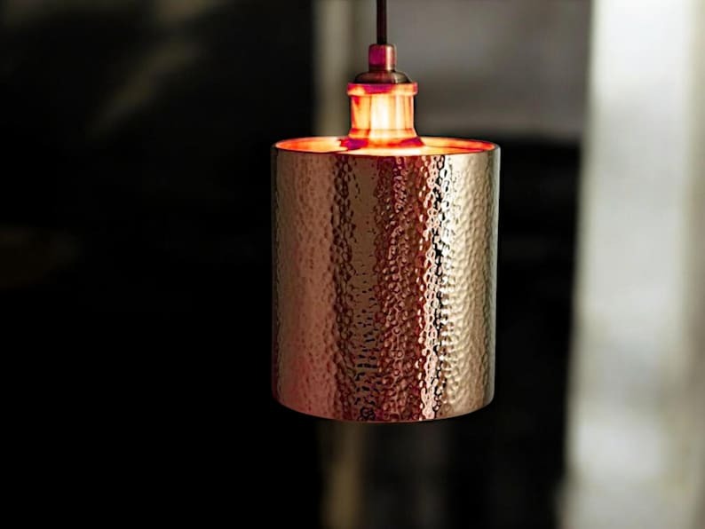 Handmade Moroccan Brass Cylinder Pendant Light – Hammered Gold Ceiling Lamp with Warm Copper Interior and Modern Artisan Design