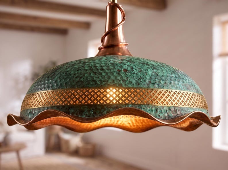 Handmade Moroccan Brass Dome Pendant Light – Hammered Green Verdigris Hanging Lamp with Gold Lattice Band, Sculptural Wavy Copper Edge and Warm Brass Interior