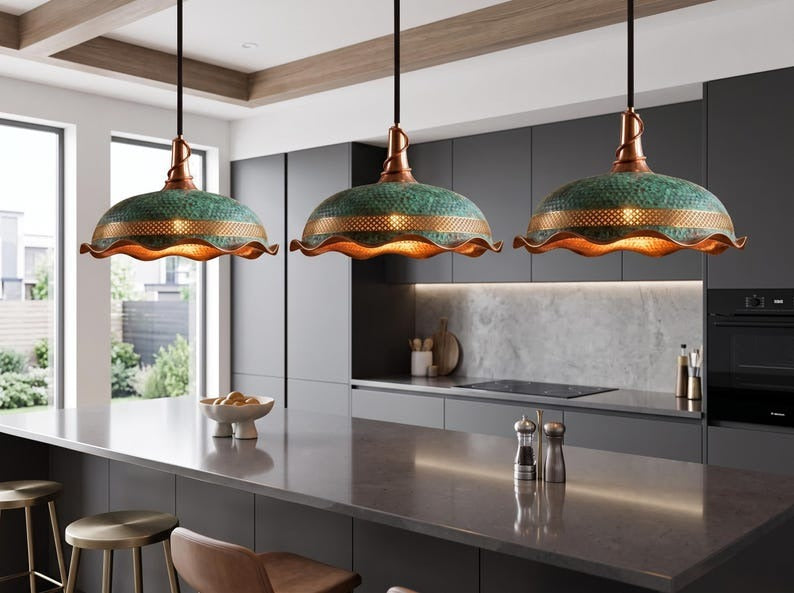 Handmade Moroccan Brass Dome Pendant Light – Hammered Green Verdigris Hanging Lamp with Gold Lattice Band, Sculptural Wavy Copper Edge and Warm Brass Interior
