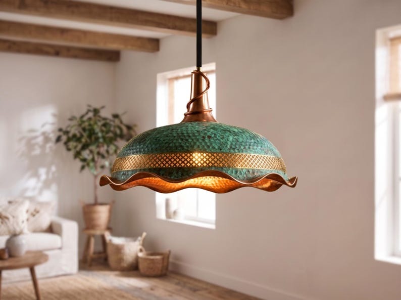 Handmade Moroccan Brass Dome Pendant Light – Hammered Green Verdigris Hanging Lamp with Gold Lattice Band, Sculptural Wavy Copper Edge and Warm Brass Interior