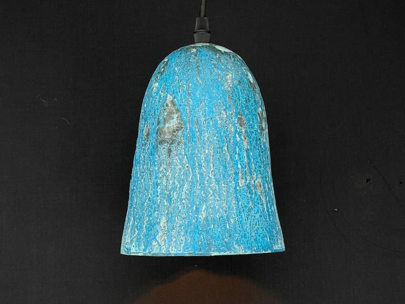 Set of 2 Handmade Moroccan Brass Pendant Lights – Blue Patina Bell Ceiling Lamps with Hammered Texture and Rustic Aged Finish