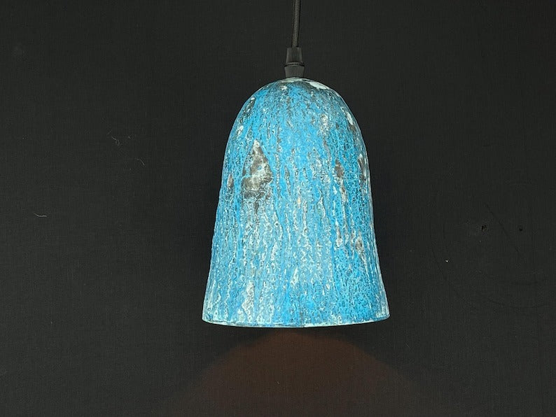 Handmade Moroccan Brass Pendant Light – Blue Patina Bell Ceiling Lamp with Hammered Texture, Rustic Aged Finish & Modern Artisan Design