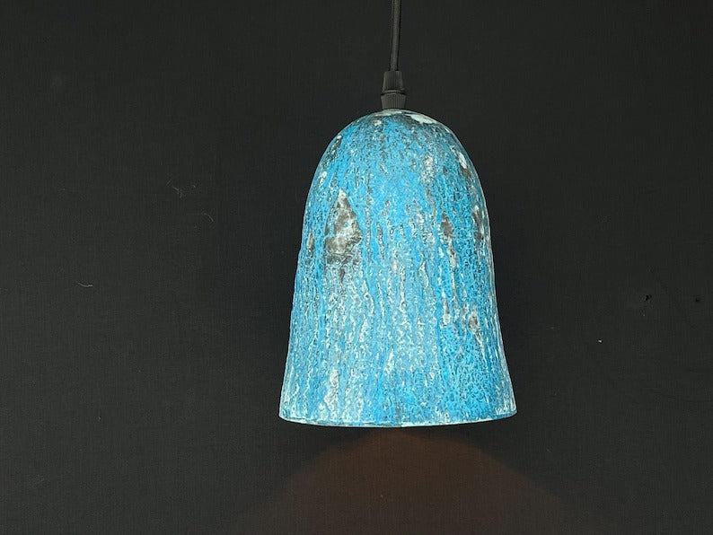 Handmade Moroccan Brass Pendant Light – Blue Patina Bell Ceiling Lamp with Hammered Texture, Rustic Aged Finish & Modern Artisan Design