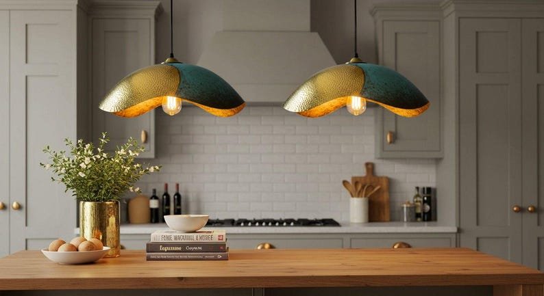 Two-Tone Brass and Green Patina Wavy Pendant Light, Handmade Moroccan Sculptural Hanging Lamp, Verdigris Kitchen Island Chandelier, Rustic Boho Farmhouse Ceiling Light Fixture