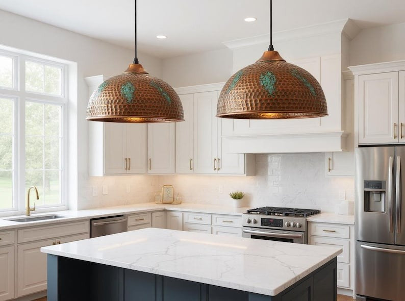 Large Hammered Copper Dome Pendant Light, Handmade Moroccan Green Patina Kitchen Island Chandelier, Rustic Verdigris Copper Hanging Lamp, Boho Farmhouse Ceiling Light Fixture