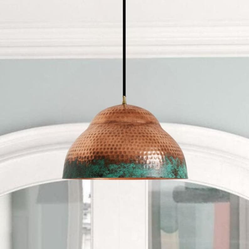 Handmade Hammered Brass Pendant Light – Moroccan Copper Dome Pendant Lamp with Green Patina Edge for Kitchen Island, Dining Room & Boho Home Décor