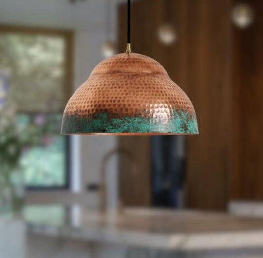 Handmade Hammered Brass Pendant Light – Moroccan Copper Dome Pendant Lamp with Green Patina Edge for Kitchen Island, Dining Room & Boho Home Décor