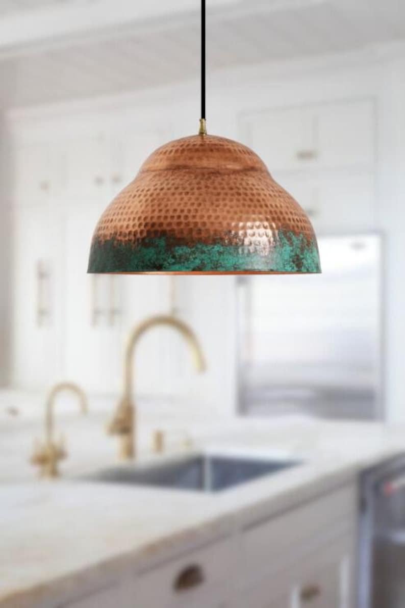 Handmade Hammered Brass Pendant Light – Moroccan Copper Dome Pendant Lamp with Green Patina Edge for Kitchen Island, Dining Room & Boho Home Décor