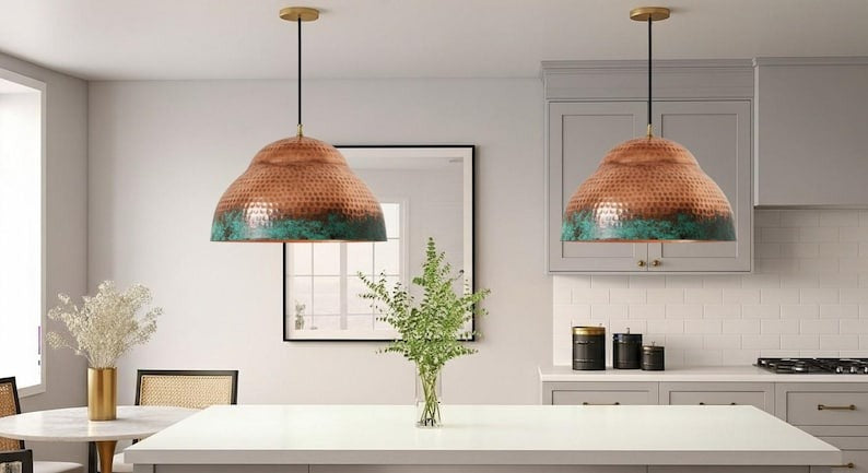 Handmade Hammered Brass Pendant Light – Moroccan Copper Dome Pendant Lamp with Green Patina Edge for Kitchen Island, Dining Room & Boho Home Décor
