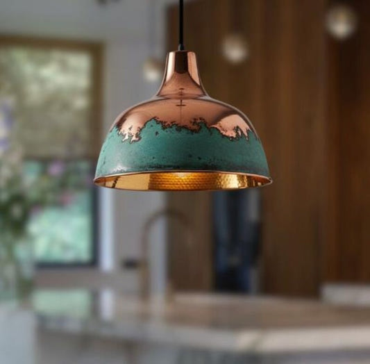 Handmade Copper Brass Pendant Light – Moroccan Dome Pendant Lamp with Green Patina Band & Hammered Brass Interior for Kitchen Island, Dining Room & Boho Home Décor