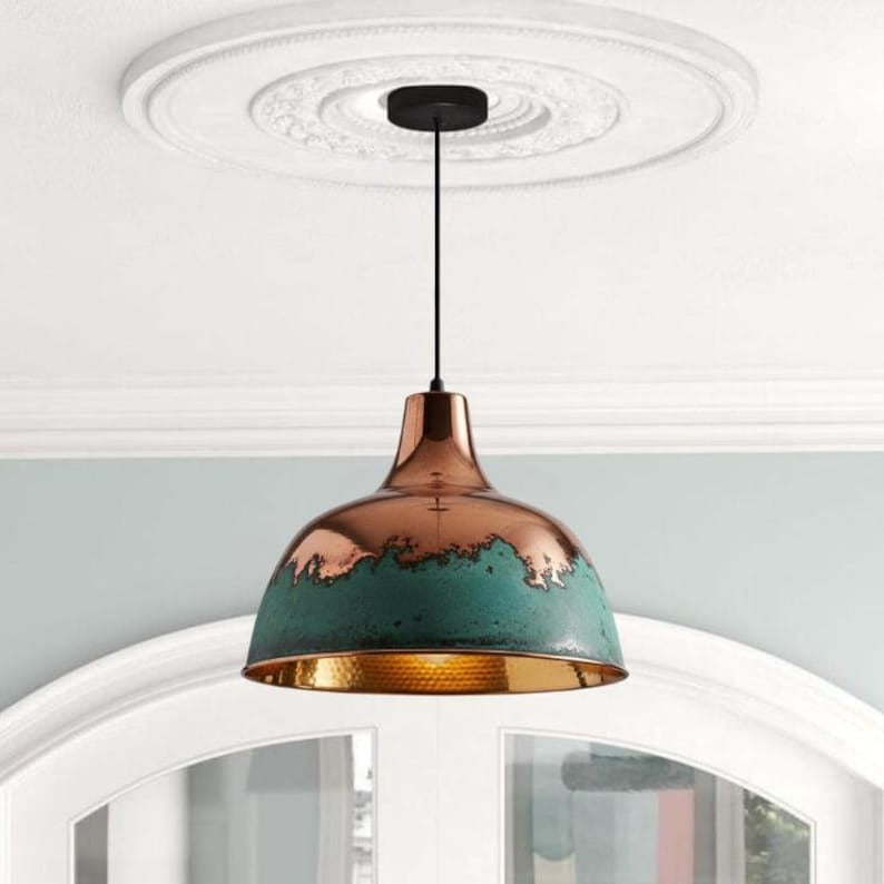 Handmade Copper Brass Pendant Light – Moroccan Dome Pendant Lamp with Green Patina Band & Hammered Brass Interior for Kitchen Island, Dining Room & Boho Home Décor