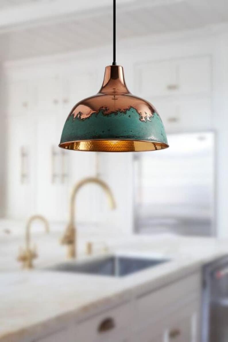 Handmade Copper Brass Pendant Light – Moroccan Dome Pendant Lamp with Green Patina Band & Hammered Brass Interior for Kitchen Island, Dining Room & Boho Home Décor