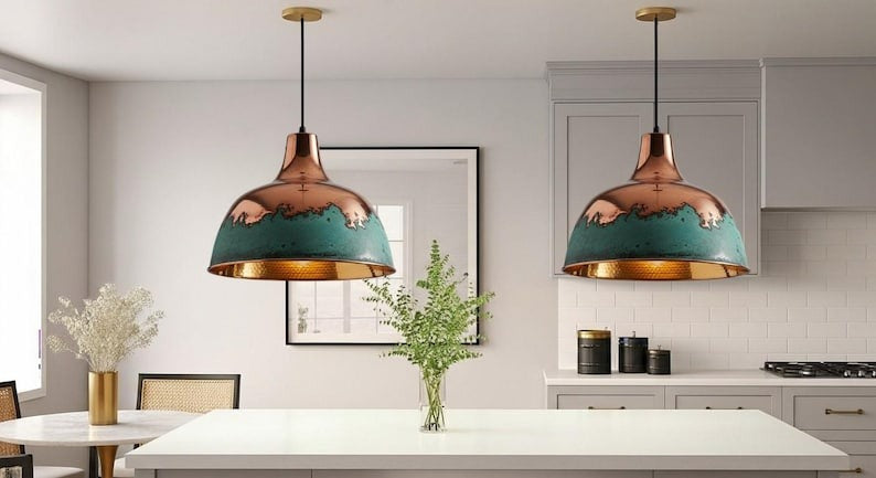 Handmade Copper Brass Pendant Light – Moroccan Dome Pendant Lamp with Green Patina Band & Hammered Brass Interior for Kitchen Island, Dining Room & Boho Home Décor