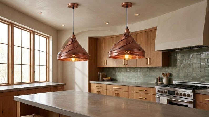 Handmade Brass Moroccan Pendant Light – Copper Finish Spiral Dome Hanging Lamp, Hammered Brass Kitchen Island Pendant, Boho Farmhouse Ceiling Light Fixture