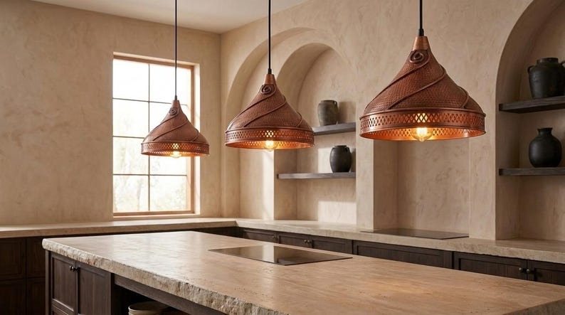 Handmade Brass Moroccan Pendant Light – Copper Finish Spiral Dome Hanging Lamp, Hammered Brass Kitchen Island Pendant, Boho Farmhouse Ceiling Light Fixture