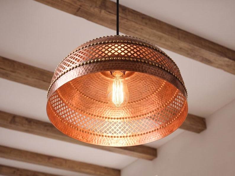Handmade Moroccan Brass Pendant Light – Hammered Copper Finish Dome Ceiling Lamp with Pierced Geometric Design, Rustic Kitchen Island Lighting