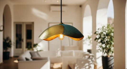 Two-Tone Brass and Green Patina Wavy Pendant Light, Handmade Moroccan Sculptural Hanging Lamp, Verdigris Kitchen Island Chandelier, Rustic Boho Farmhouse Ceiling Light Fixture