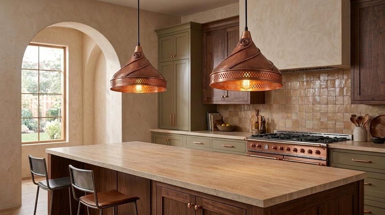 Handmade Brass Moroccan Pendant Light – Copper Finish Spiral Dome Hanging Lamp, Hammered Brass Kitchen Island Pendant, Boho Farmhouse Ceiling Light Fixture