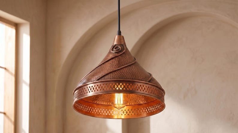 Handmade Brass Moroccan Pendant Light – Copper Finish Spiral Dome Hanging Lamp, Hammered Brass Kitchen Island Pendant, Boho Farmhouse Ceiling Light Fixture