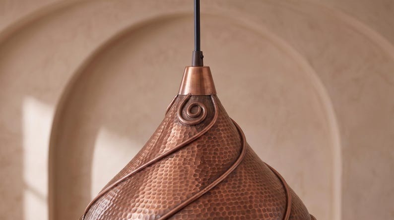 Handmade Brass Moroccan Pendant Light – Copper Finish Spiral Dome Hanging Lamp, Hammered Brass Kitchen Island Pendant, Boho Farmhouse Ceiling Light Fixture