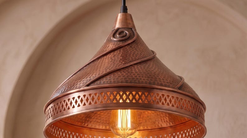 Handmade Brass Moroccan Pendant Light – Copper Finish Spiral Dome Hanging Lamp, Hammered Brass Kitchen Island Pendant, Boho Farmhouse Ceiling Light Fixture