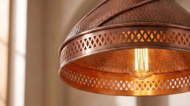 Handmade Brass Moroccan Pendant Light – Copper Finish Spiral Dome Hanging Lamp, Hammered Brass Kitchen Island Pendant, Boho Farmhouse Ceiling Light Fixture