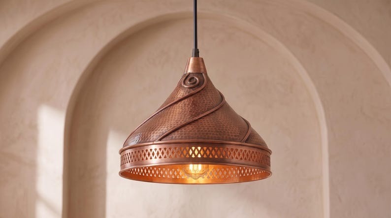 Handmade Brass Moroccan Pendant Light – Copper Finish Spiral Dome Hanging Lamp, Hammered Brass Kitchen Island Pendant, Boho Farmhouse Ceiling Light Fixture