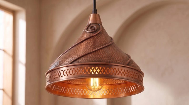 Handmade Brass Moroccan Pendant Light – Copper Finish Spiral Dome Hanging Lamp, Hammered Brass Kitchen Island Pendant, Boho Farmhouse Ceiling Light Fixture