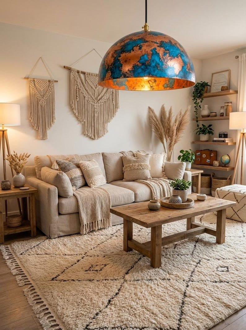 Handmade Moroccan Brass Dome Pendant Light – Large Hammered Copper and Turquoise Patina Hanging Lamp, Boho Mediterranean Ceiling Light for Kitchen Island, Dining Room & Living Room
