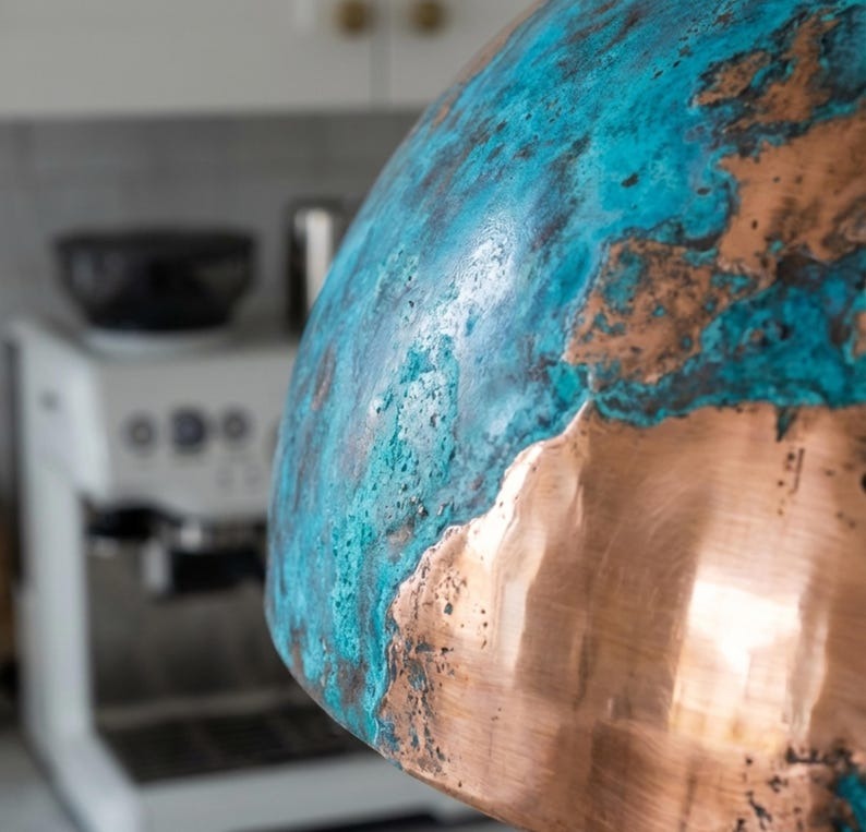 Handmade Moroccan Brass Dome Pendant Light – Large Hammered Copper and Turquoise Patina Hanging Lamp, Boho Mediterranean Ceiling Light for Kitchen Island, Dining Room & Living Room