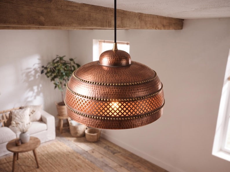 Handmade Moroccan Brass Pendant Light – Hammered Copper Finish Dome Ceiling Lamp with Pierced Geometric Design, Rustic Kitchen Island Lighting