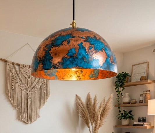 Handmade Moroccan Brass Dome Pendant Light – Large Hammered Copper and Turquoise Patina Hanging Lamp, Boho Mediterranean Ceiling Light for Kitchen Island, Dining Room & Living Room
