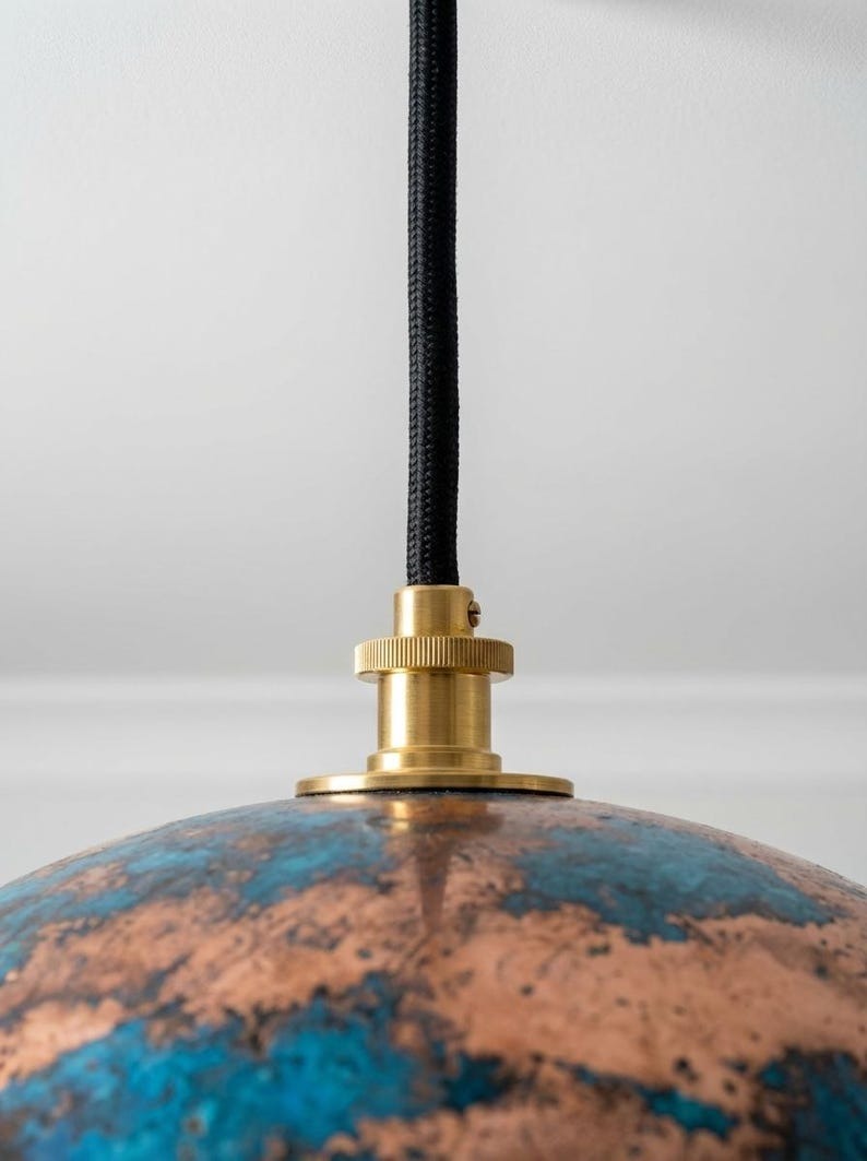 Handmade Moroccan Brass Dome Pendant Light – Large Hammered Copper and Turquoise Patina Hanging Lamp, Boho Mediterranean Ceiling Light for Kitchen Island, Dining Room & Living Room