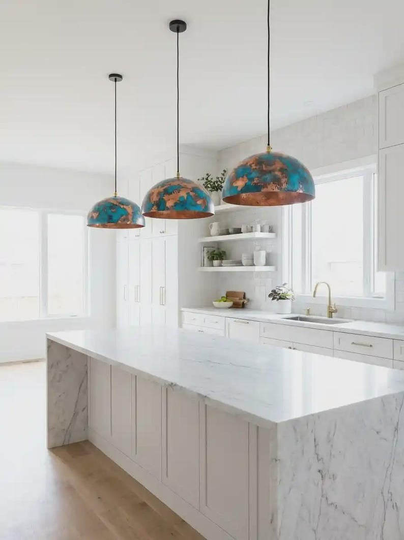 Handmade Moroccan Brass Dome Pendant Light – Large Hammered Copper and Turquoise Patina Hanging Lamp, Boho Mediterranean Ceiling Light for Kitchen Island, Dining Room & Living Room