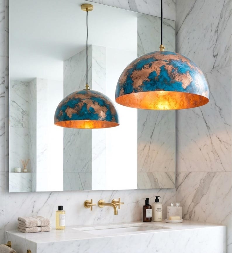 Handmade Moroccan Brass Dome Pendant Light – Large Hammered Copper and Turquoise Patina Hanging Lamp, Boho Mediterranean Ceiling Light for Kitchen Island, Dining Room & Living Room