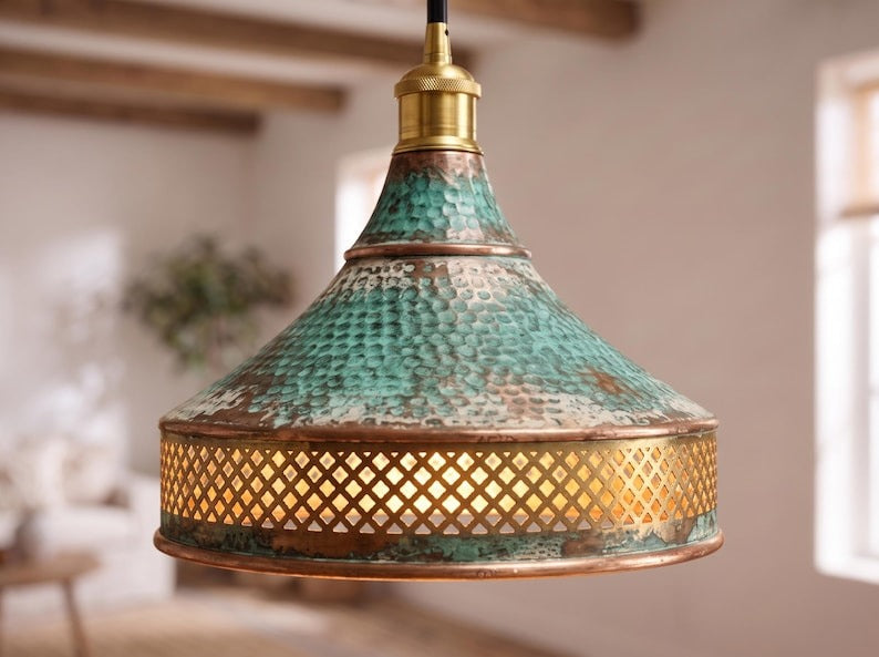 Handmade Moroccan Brass Pendant Light – Hammered Green Verdigris Patina Cone Hanging Lamp with Diamond Lattice Band and Warm Antique Brass Glow for Kitchen Island, Dining Room & Living Room