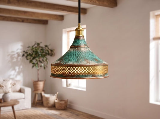 Handmade Moroccan Brass Pendant Light – Hammered Green Verdigris Patina Cone Hanging Lamp with Diamond Lattice Band and Warm Antique Brass Glow for Kitchen Island, Dining Room & Living Room
