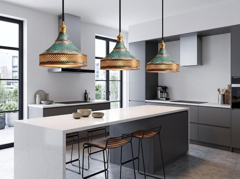 Handmade Moroccan Brass Pendant Light – Hammered Green Verdigris Patina Cone Hanging Lamp with Diamond Lattice Band and Warm Antique Brass Glow for Kitchen Island, Dining Room & Living Room
