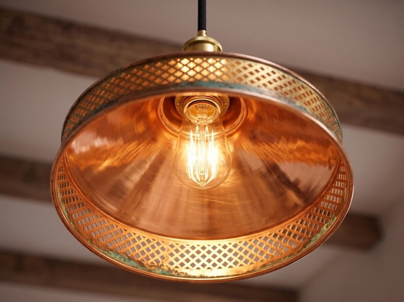 Handmade Moroccan Brass Pendant Light – Hammered Green Verdigris Patina Cone Hanging Lamp with Diamond Lattice Band and Warm Antique Brass Glow for Kitchen Island, Dining Room & Living Room